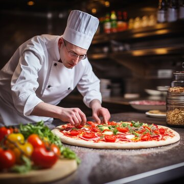 professional chef creating tasty pizza in contemporary commercial kitchen setting