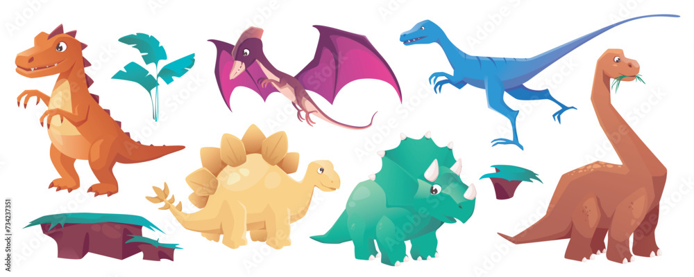 Poster cute dinosaurs mega set in cartoon graphic design. bundle elements of different types prehistoric di
