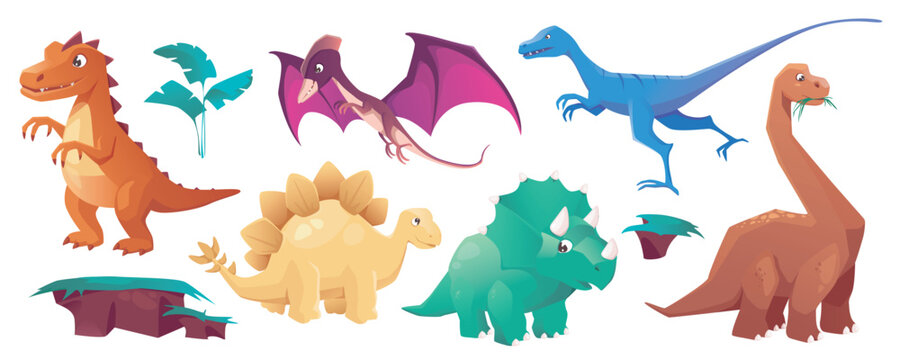 Cute dinosaurs mega set in cartoon graphic design. Bundle elements of different types prehistoric dinos, plants, ground shapes. Funny ancient predator characters. Vector illustration isolated objects