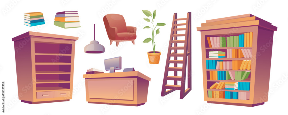 Aufkleber library furniture mega set in cartoon graphic design. bundle elements of bookshelf, stack of books, 