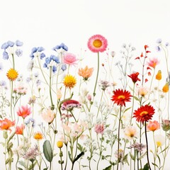 Beautiful colorful wildflowers on bright white background blooming in natural environment