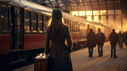 Young woman with suitcase waiting for train at railway station in the evening