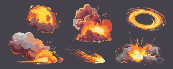 Naklejka premium Fire game effects mega set in cartoon graphic design. Bundle elements of different shapes explosion, flame with smoke clouds, bomb burst with splash, circle flash. Vector illustration isolated objects