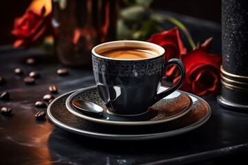 Vintage espresso coffee cup and beans on rustic wooden table with warm atmosphere