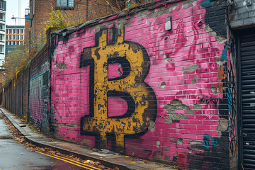 A large-scale mural of the Bitcoin logo, painted on a city wall in the Street Art style