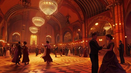 An art deco inspired ballroom from the 1920s, with elegant dancers and lavish decor. Resplendent.
