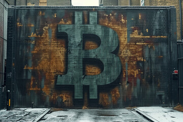 A large-scale mural of the Bitcoin logo, painted on a city wall in the Street Art style
