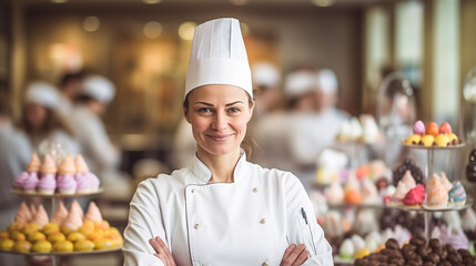 Portrait of a 40 year old female pastry chef, against the backdrop of a workshop for the production of sweet desserts. Work for women.