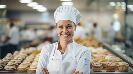 Portrait of a 40 year old female pastry chef, against the backdrop of a workshop for the production of sweet desserts. Work for women.