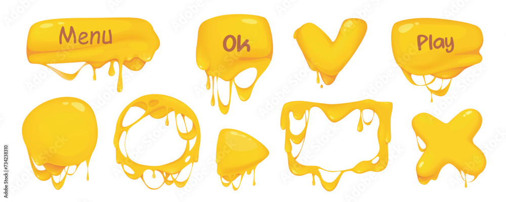 Poster Melted cheese buttons mega set in cartoon graphic design. Bundle elements of yellow interface kit with menu, ok, play, cross, square or round frames, other shapes. Vector illustration isolated objects