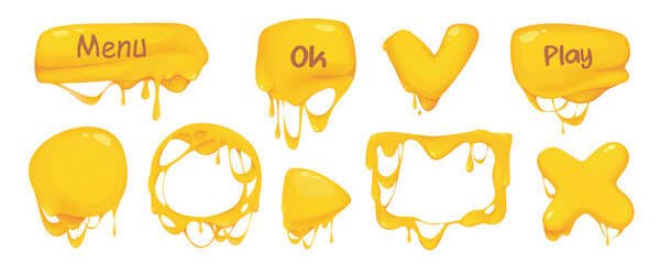 Melted cheese buttons mega set in cartoon graphic design. Bundle elements of yellow interface kit with menu, ok, play, cross, square or round frames, other shapes. Vector illustration isolated objects