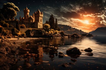 Fototapeta na wymiar Castle by the seaside illuminated by a golden singing star., generative IA
