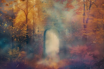Mystical Autumn Gateway Surrounded by Golden Trees and Falling Leaves – Magical Entrance for Fantasy Themes and Storytelling