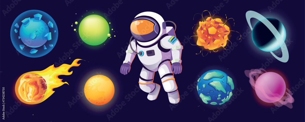 Aufkleber Astronaut and planets mega set in cartoon graphic design. Bundle elements of fantasy alien planets, comets, asteroids, meteorites and flying explorer spaceman. Vector illustration isolated objects