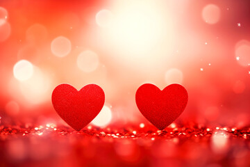Two red hearts on a background with romantic blurred bokeh. Valentine's Day concept.