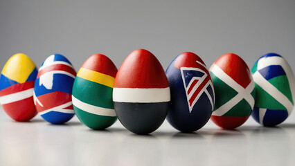 Easter eggs painted in the form of flags of different countries. Concept.