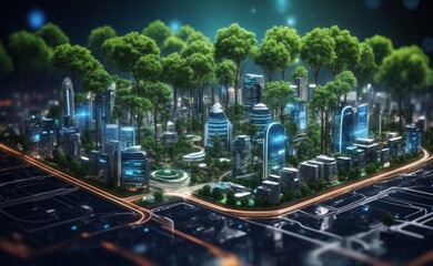 Very high-quality photo Smart city with trees on a circuit board background Futuristic cyberspace concept strong lines Digital community smart homes and digital community DX IoT digital network