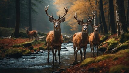 deer standing in a forest next to a stream with rocks in the foreground and trees in the background
