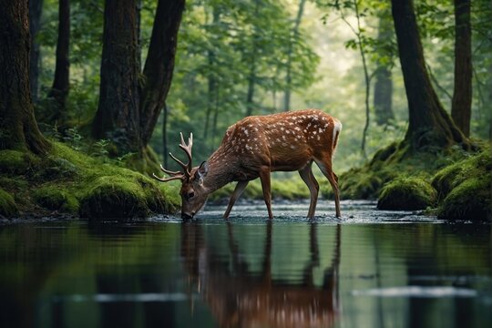 deer is drinking water in the forest
