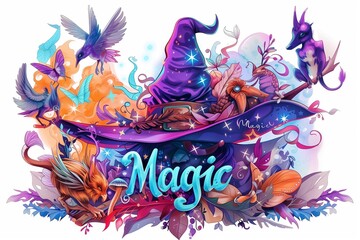 Fantasy World of Magic: Enchanting Creatures and Mystic Elements Swirling Around a Wizard's Hat - Perfect for Themes of Imagination and Fairy Tales