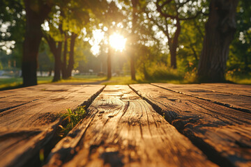 Beautiful blurred sunset view in the forest with empty wooden boards for product mockup display. - Powered by Adobe