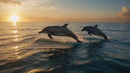 Obraz premium dolphins leaping and playing in the waves, with the golden sun setting on the horizon