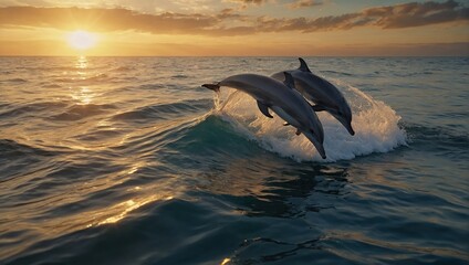 dolphins leaping and playing in the waves, with the golden sun setting on the horizon