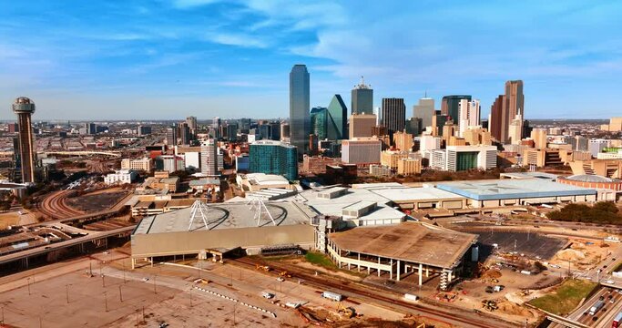 Panorama of a modern Dallas, Texas, USA. Distant view of skyscrapers in the downtown of metropolis on sunny day.