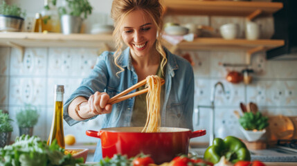 A woman smiling as she cooks, lifting spaghetti from a pot with tongs in a kitchen setting.