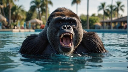 Excited gorilla in pool swimming and playing in the water