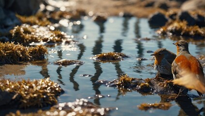 European robin perched beside a sunlit rock pool on the beach, its feathers glistening as it dips in for a refreshing bat