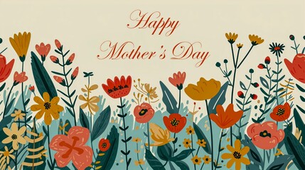 Stylized Illustration Of "Happy Mother's Day" Text Adorning The Top Folk Art-Inspired Floral Scene