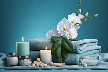  a table topped with candles and flowers next to a stack of folded towels and a vase filled with white orchids on top of a blue cloth next to a candle.