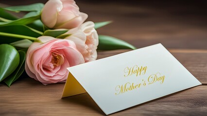 Classic Mother's Day Card With Golden Script Stands Beside A Bouquet Of Soft Pink Tulips
