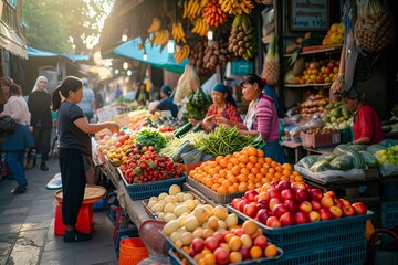 Fototapeta na wymiar Bustling Street Market Scene, Fresh Produce and Local Vendors in Golden Hour Light