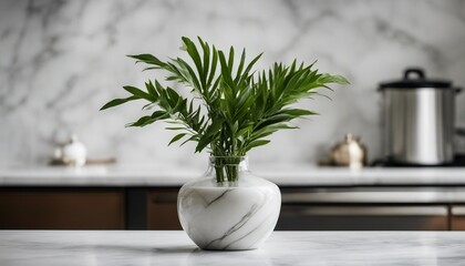 Elegant Green Plant in White Marble Vase on Kitchen Counter