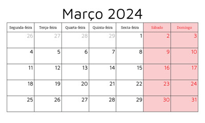 March 2024 portuguese calendar. Vector illustration. Monthly planning for business in Portugal