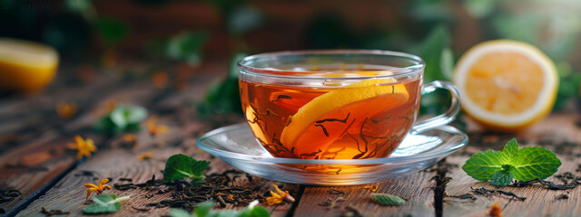 A clear glass cup of tea infused with lemon and mint leaves, steaming on a wooden table surrounded by loose tea leaves and a slice of lemon.