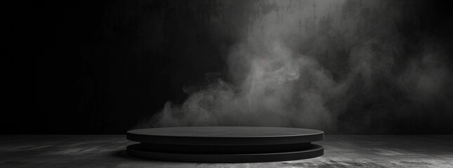 Podium black dark smoke background product platform abstract stage texture fog spotlight. Dark black floor podium dramatic empty night room table concrete wall scene place display studio smoky dust - obrazy, fototapety, plakaty