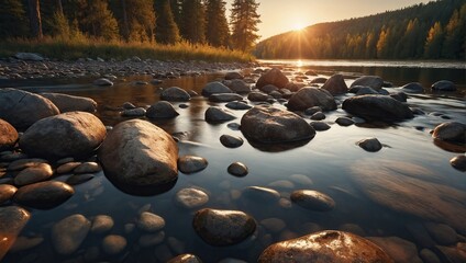 forest river with stones on shores at sunset - obrazy, fototapety, plakaty