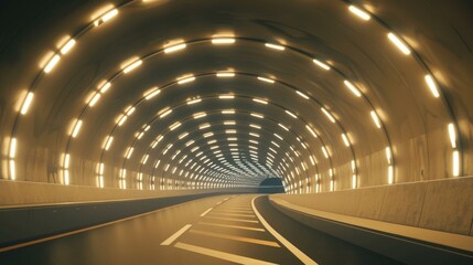Journey Through Light: Empty Road in a Brightly Lit Tunnel Illuminated Passage: Converging Perspective Inside Modern