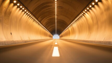 Modern Journey: Illuminated Tunnel with Symmetrical Design Perspective illuminated ceiling lights, asphalt roadway, modern infrastructure, vanishing point, architectural design