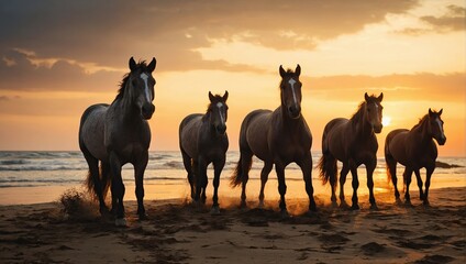 Fototapeta premium Free horses, left to nature at sunset on beach