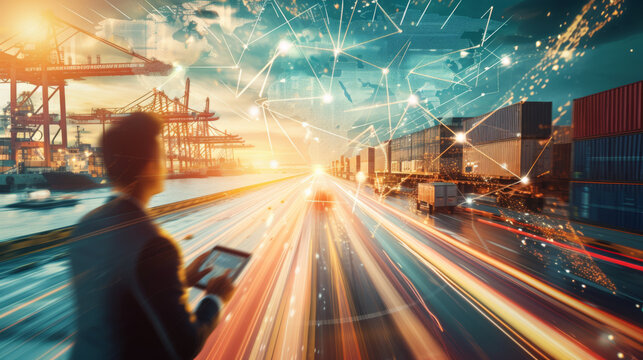 futuristic scene where a person is using augmented reality (AR) to interact with a complex interface, overlaid on a shipping port background.