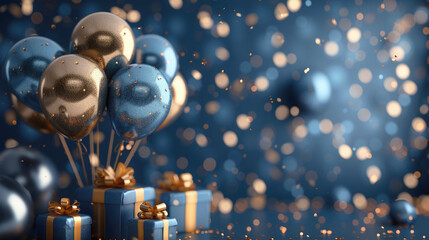 Illustration with dark blue golden sequins balloons and gift boxes. Festive composition with empty space for birthday, party or other promotion banners. Copy space. - obrazy, fototapety, plakaty