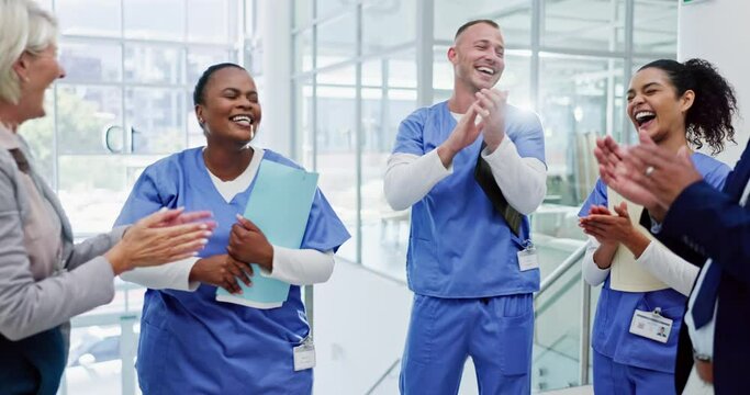Happy people, doctor and hands together in teamwork for motivation, collaboration or unity at hospital. Group of medical employees piling, clapping and applause for health success together at clinic