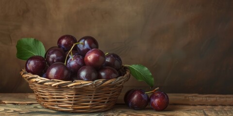fresh plums in a wicker basket Generative AI