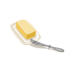 Butter in a butter dish. Serving with a knife. 
