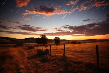 Obraz premium Meteor Shower Bedazzles Night Sky Over Open Field., generative IA