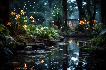 Rain of meteors illuminates botanical garden at night., generative IA